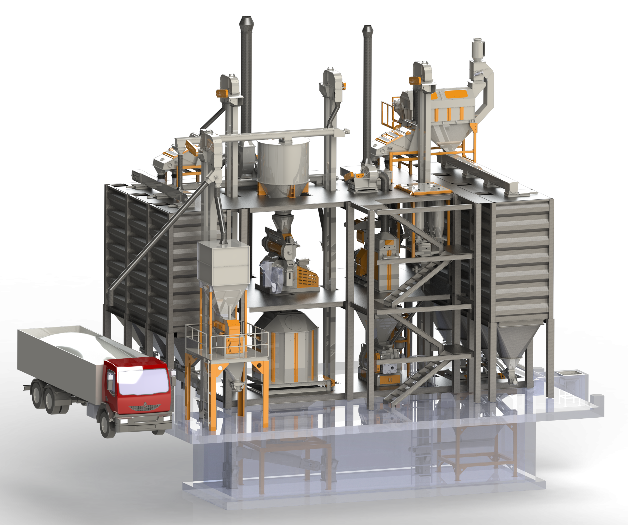 وحدة أعلاف من نوع المزارع من KARDEV – مطحنة أعلاف مدمجة تُركَّب داخل المزرعة مع صوامع، مطحنة مطرقيّة، خلاط ومعدات نقل في مخطط ثلاثي الأبعاد